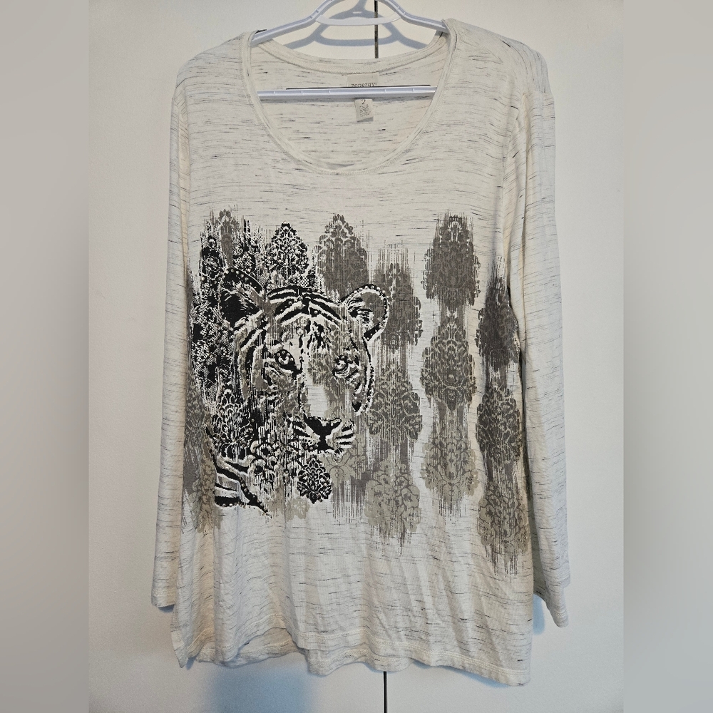 Zenergy Cream and Black Tiger Print Blouse‎